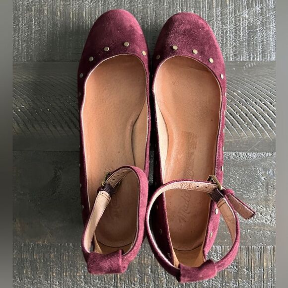 Madewell Inez Suede Studded Ankle Strap Block Heel Shoes 7.5 Maroon Burgundy - Picture 4 of 9